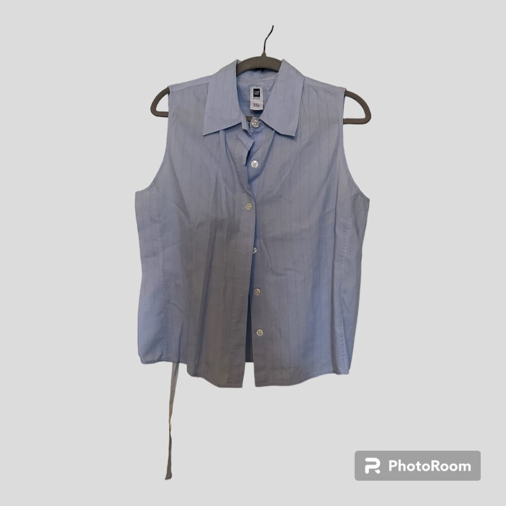 GAP Women's Blue Pin Stripe Button Up sleeveless shirt with tie back -L
